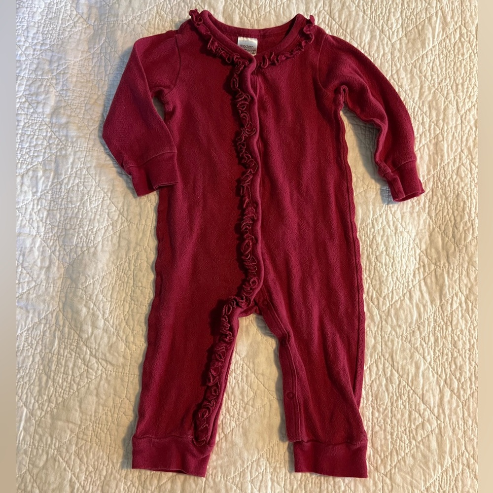 Modern Moments Burgundy Ruffled Coverall 12MO
